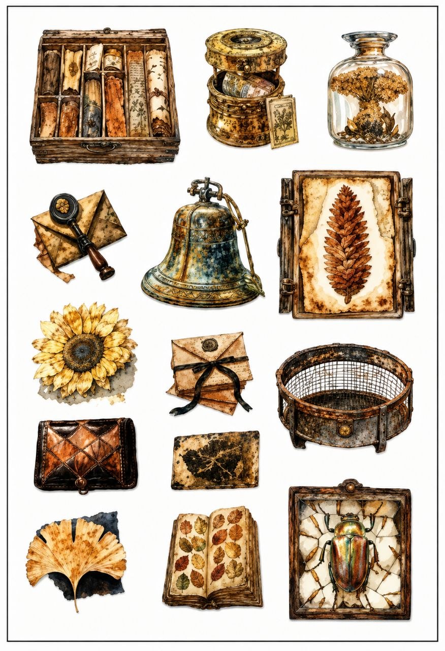 Vintage Old Items Sticker Sheet (Postcard Burning Embers)