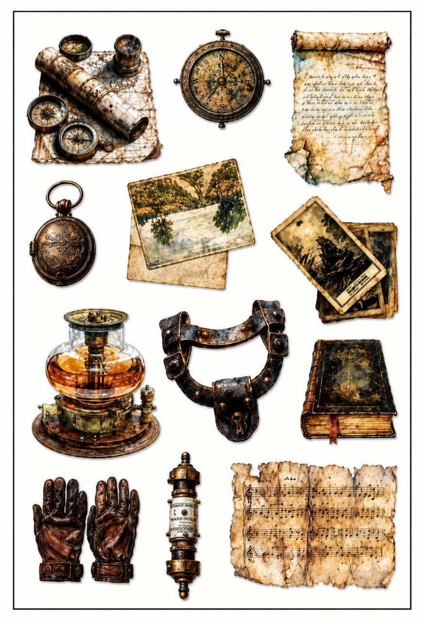 Vintage Old Items Sticker Sheet (Postcard Burning Embers)