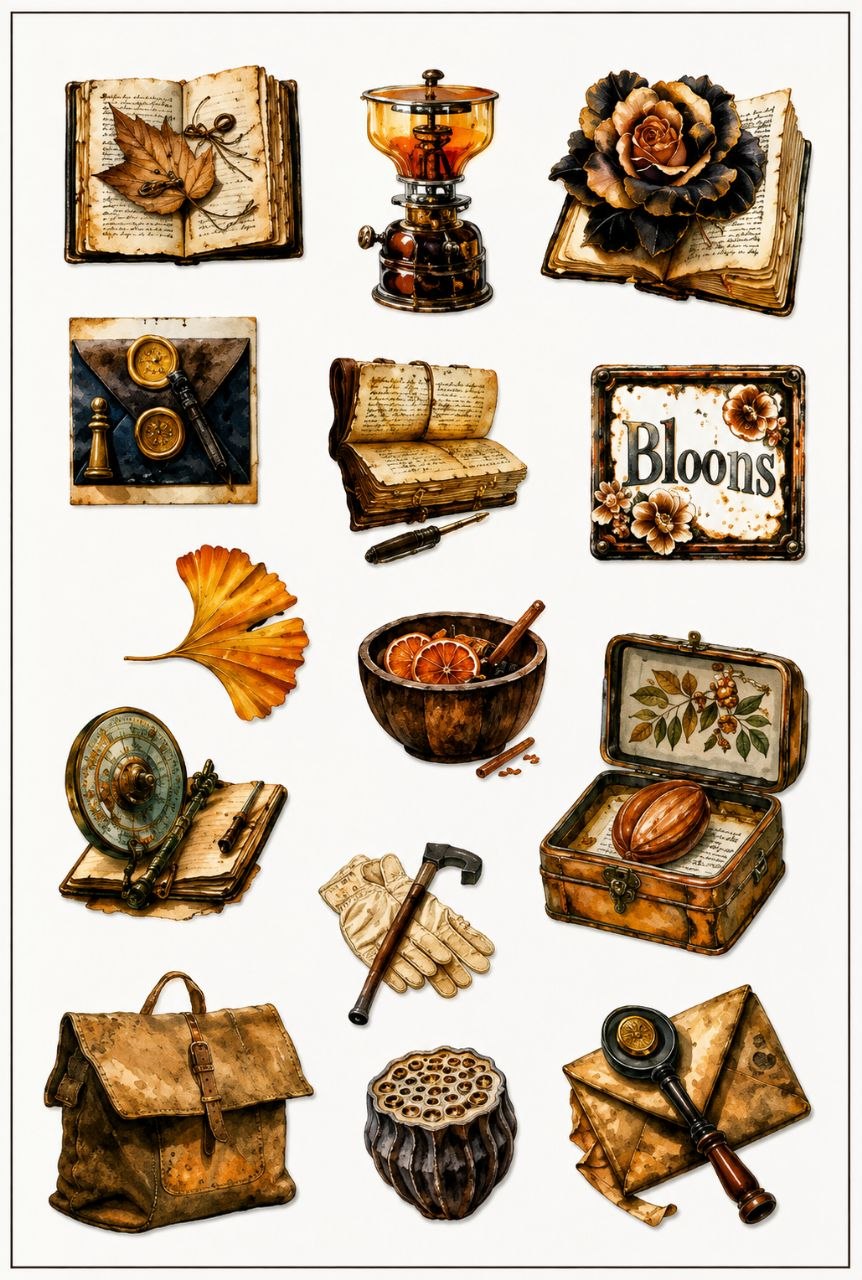 Vintage Old Items Sticker Sheet (Postcard Burning Embers)