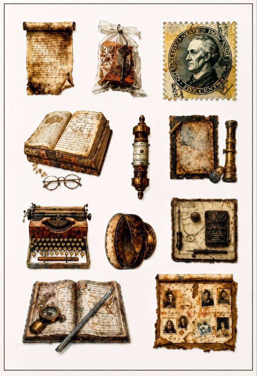 Vintage Old Items Sticker Sheet (Postcard Burning Embers)